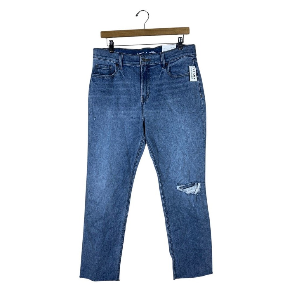 NWT Old Navy Mid-Rise Boyfriend Distressed Jeans Blue Casual Raw Hem Size 8